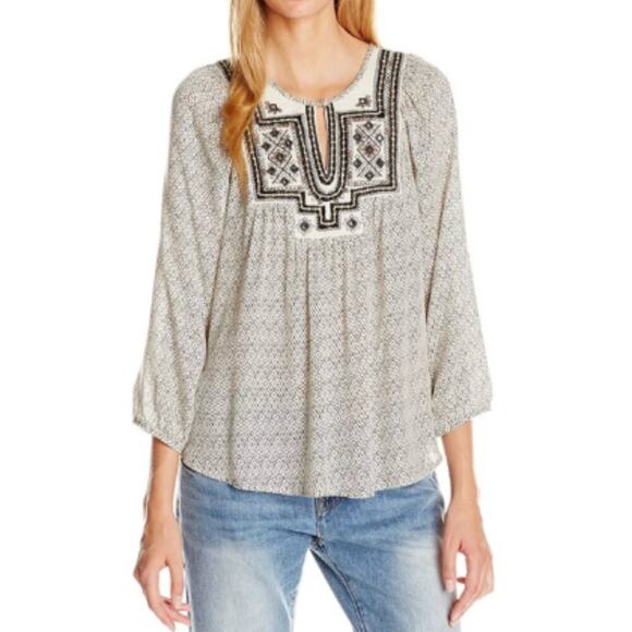 Lucky Brand Size S Cream Black Lilah Mirror Embroidered Top Gypsy Indie Boho - Picture 1 of 10